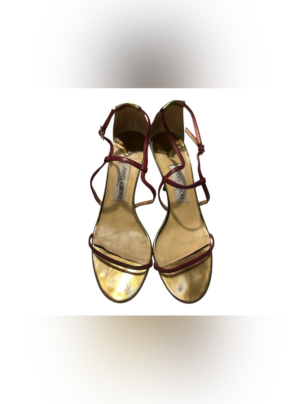 Jimmy Choo Gold and Burgundy Strappy Heels